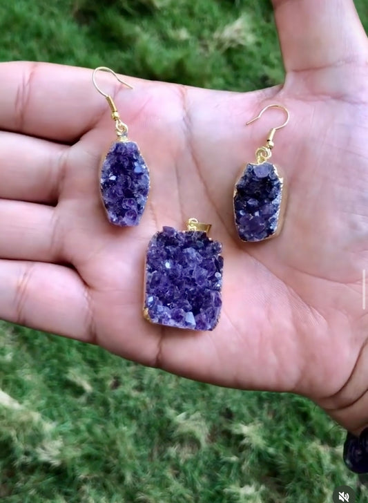 Natural Amethyst Crystal Pendant with Earrings