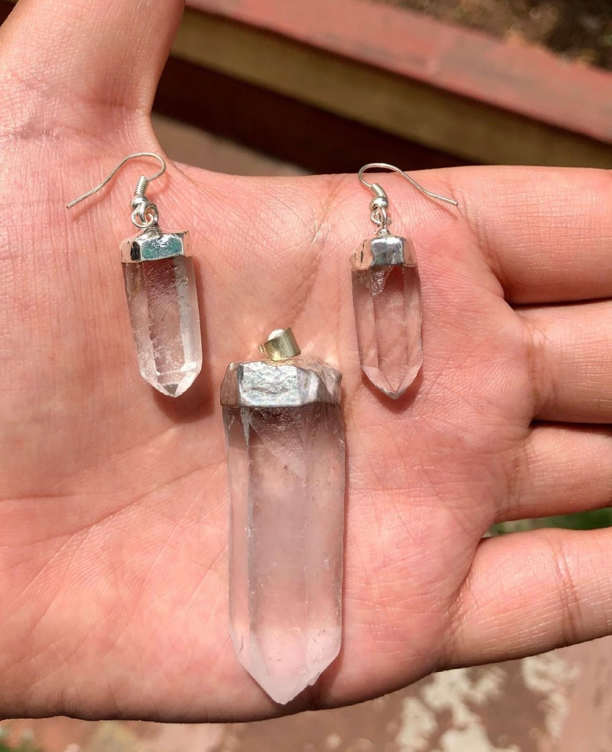 Natural Quartz Crystal Pendant with Earrings