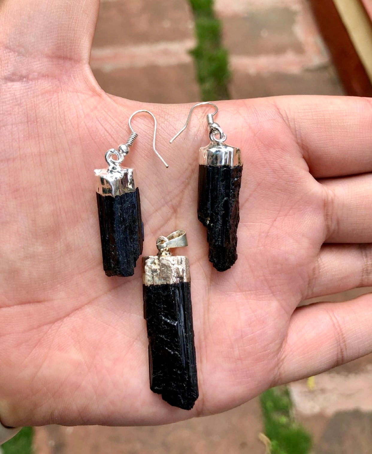 Natural Black Tourmaline Pendant with Earrings